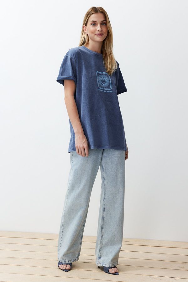 Trendyol Trendyol Blue Oversize/Wide Fit Galaxy Front and Back Printed Washed Knitted T-Shirt