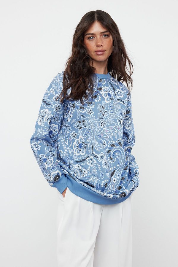 Trendyol Trendyol Blue Paisley Patterned Diver/Scuba Knitted Oversize Sweatshirt