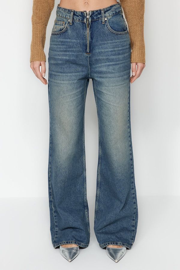 Trendyol Trendyol Blue Pale Effect Vintage Zipper Detail High Waist Wide Leg Jeans