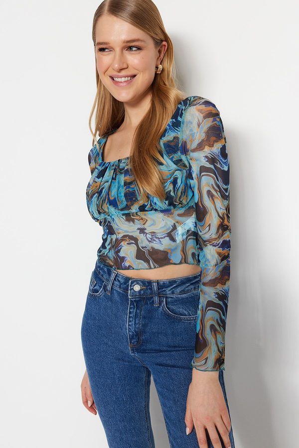Trendyol Trendyol Blue Patterned Fitted Crop Tulle Stretchy Knitted Blouse