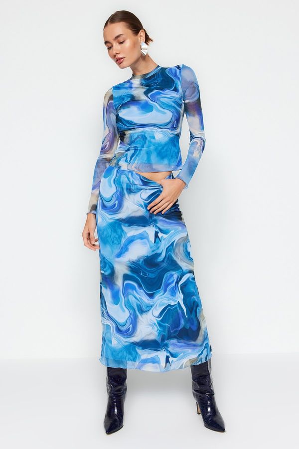 Trendyol Trendyol Blue Patterned Tulle Lined A-Line/Awning Formal Midi Knit Skirt