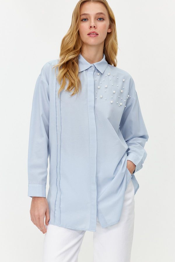 Trendyol Trendyol Blue Pearl Detailed Cotton Woven Shirt