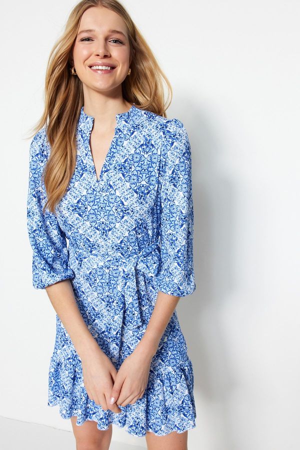 Trendyol Trendyol Blue Printed Belted A-Line Mini Knitted Dress