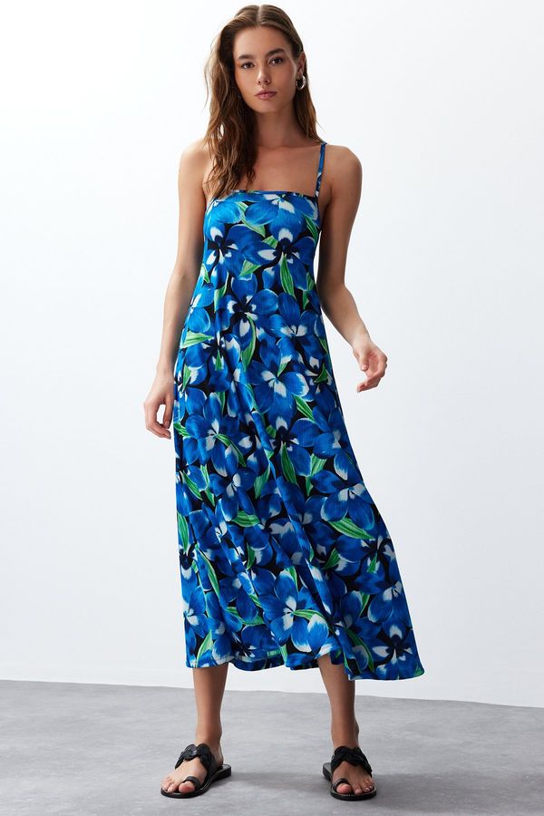 Trendyol Trendyol Blue Printed Decollete Square Neck A-Line Crepe/Texture Knitted Maxi Dress