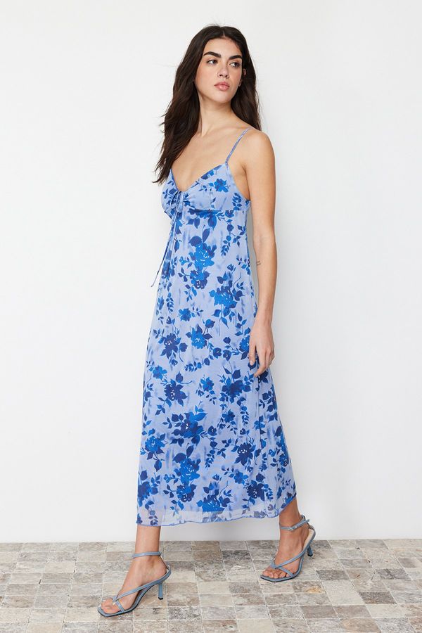 Trendyol Trendyol Blue Printed Maxi Length Sweetheart Neckline Knitted Maxi Dress