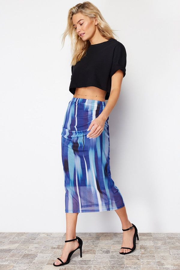Trendyol Trendyol Blue Printed Tulle Fitted High Waist Lined Midi Knitted Skirt