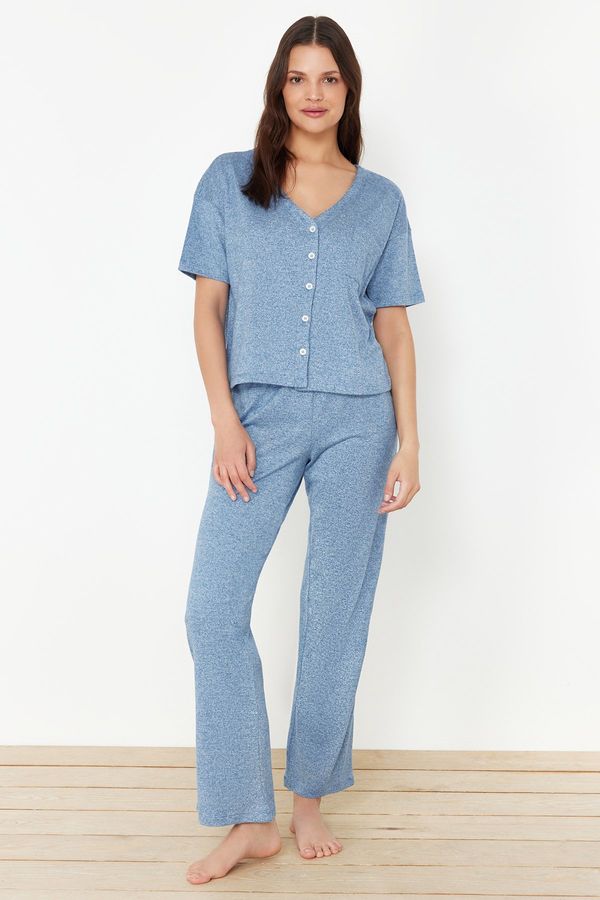 Trendyol Trendyol Blue Ribbed Knitted Pajamas Set