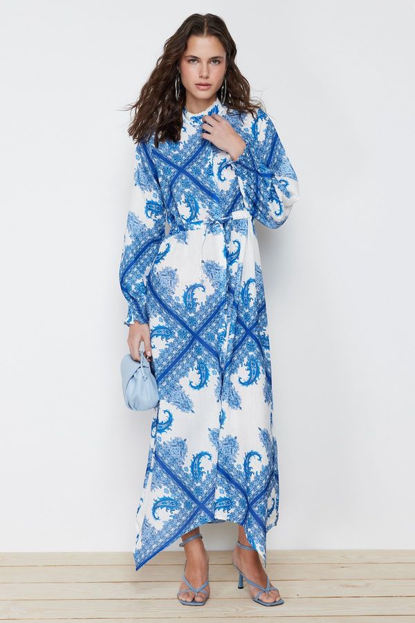 Trendyol Trendyol Blue Shawl Pattern Asymmetric Skirt Detailed Tied Woven Dress