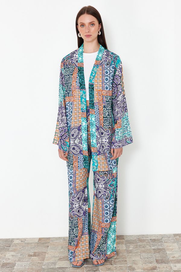 Trendyol Trendyol Blue Shawl Pattern Kimono and Wide Leg Wide Leg Viscose Woven Bottom Top Set