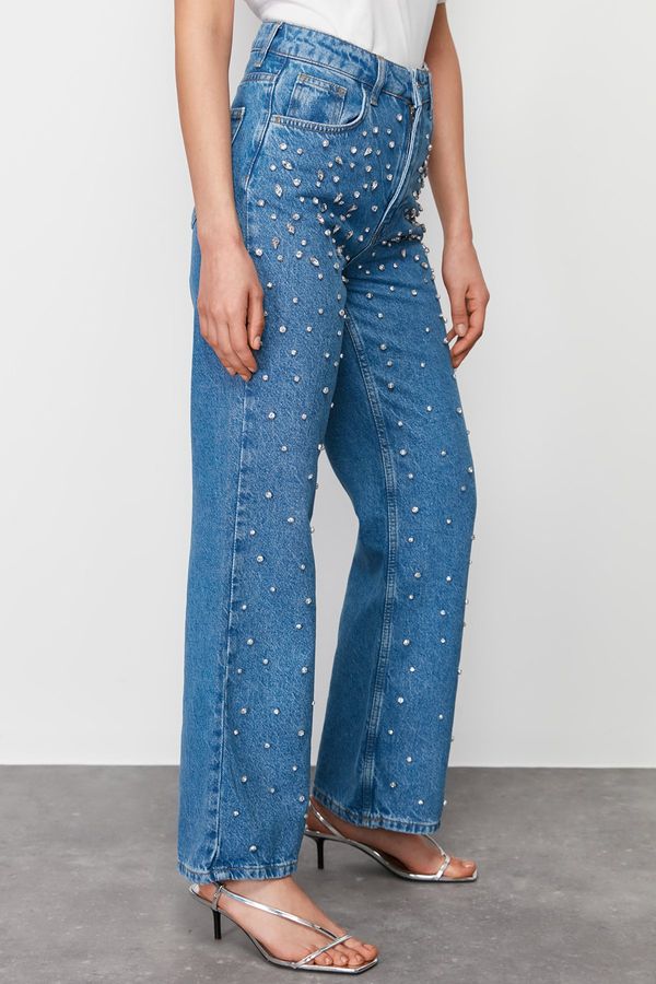 Trendyol Trendyol Blue Stone Detailed High Waist Wide Leg Jeans