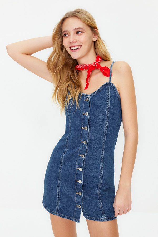 Trendyol Trendyol Blue Strap Front Buttoned Mini Denim Dress