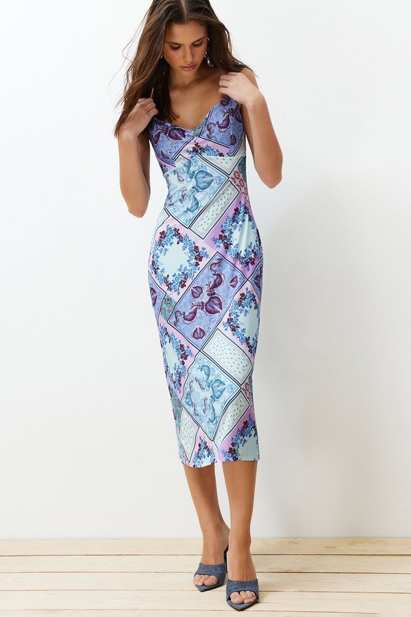 Trendyol Trendyol Blue Strap Printed A-line/Bell Form Stretchy Knitted Midi Dress