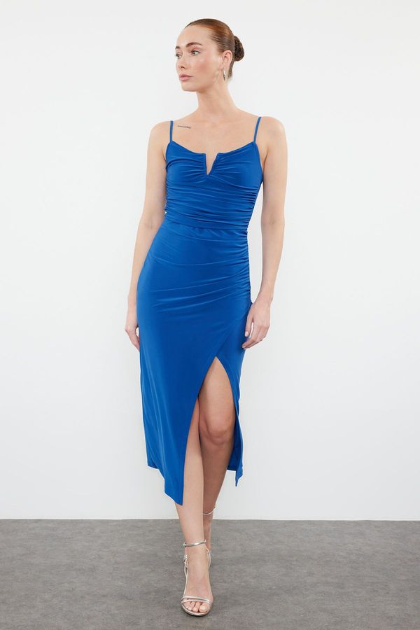 Trendyol Trendyol Blue Strap Slit Gathered Cutout V-Neck Detailed Flexible Knitted Midi Pencil Dress