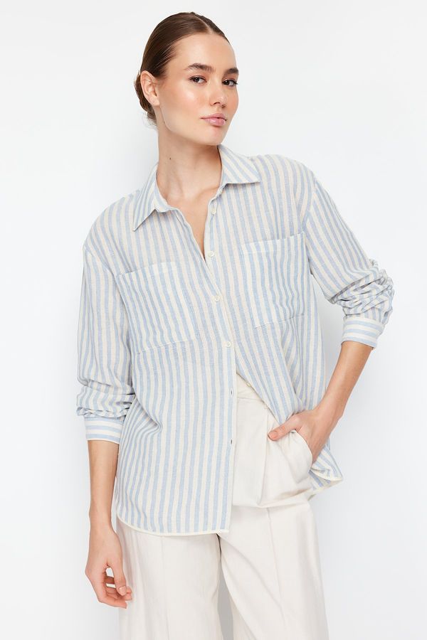 Trendyol Trendyol Blue Striped Oversize Linen Look Woven Shirt