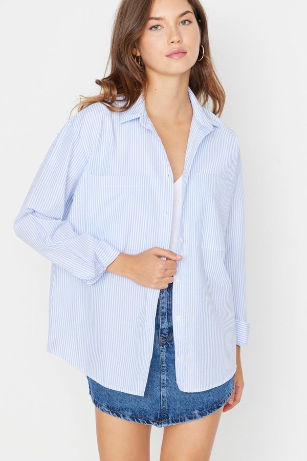 Trendyol Trendyol Blue Striped Pocket Detailed Oversize/Wide Fit Woven Shirt