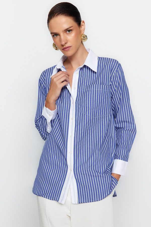 Trendyol Trendyol Blue Striped Pocket Oversize / Wide Fit Woven Shirt