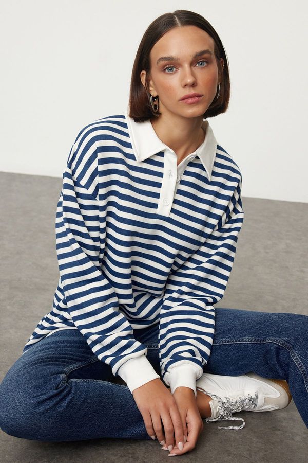 Trendyol Trendyol Blue Striped Polo Neck Thick Fleece Inside Oversize Knitted Sweatshirt