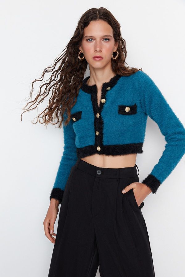 Trendyol Trendyol Blue Super Crop Pile Knitwear Cardigan