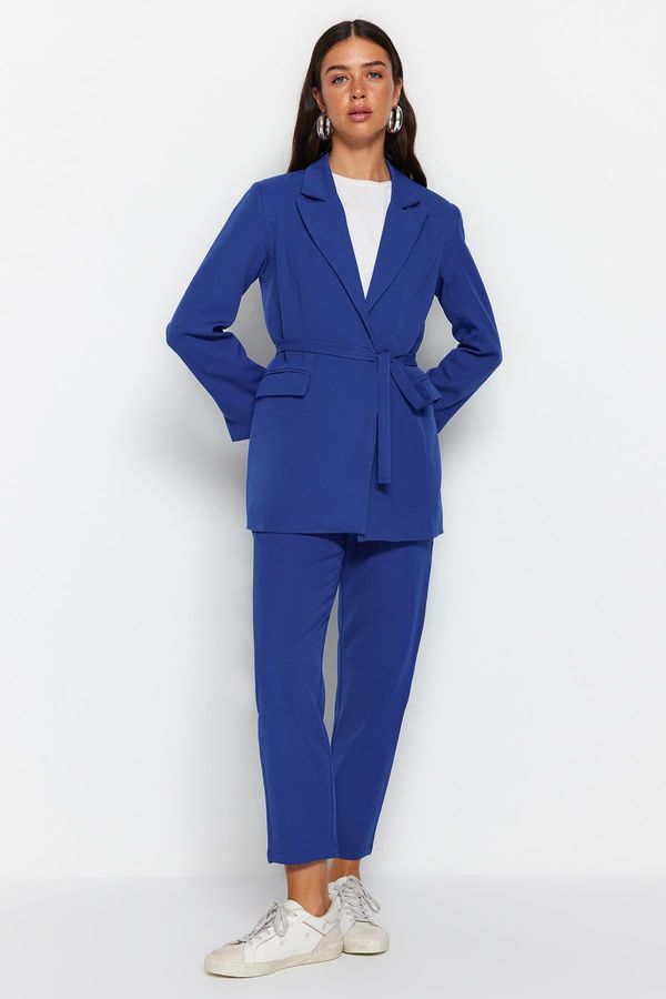 Trendyol Trendyol Blue Tie Detailed Lined Crepe Jacket-Trousers Woven Two Piece Set