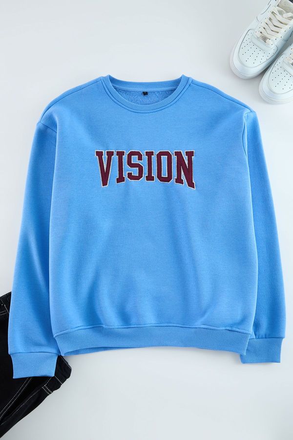 Trendyol Trendyol Blue Unisex Oversize/Wide Cut Embroidered Fleece Sweatshirt