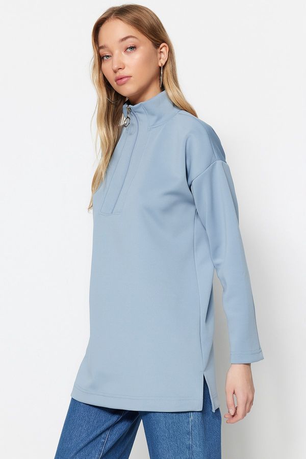 Trendyol Trendyol Blue Zipper Detail Diver/Scuba Plain Knitted Sweatshirt