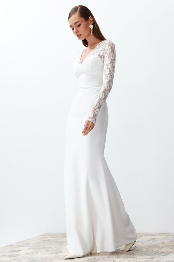 Trendyol Trendyol Bridal White Body-Sitting Lace Wedding/Nikah Long Evening Dress
