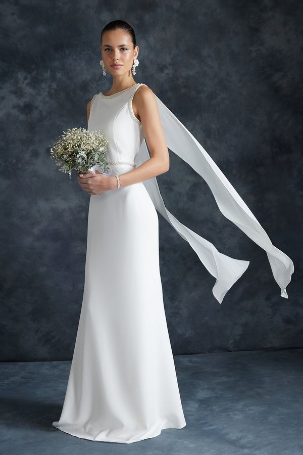 Trendyol Trendyol Bridal White Pearl Detailed Wedding/Wedding Long Evening Dress