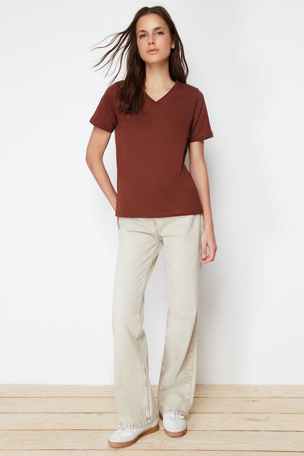 Trendyol Trendyol Brown 100% Cotton Basic V Neck Knitted T-Shirt