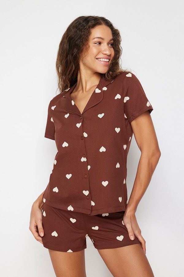 Trendyol Trendyol Brown 100% Cotton Heart Patterned Shirt-Shorts Knitted Pajama Set