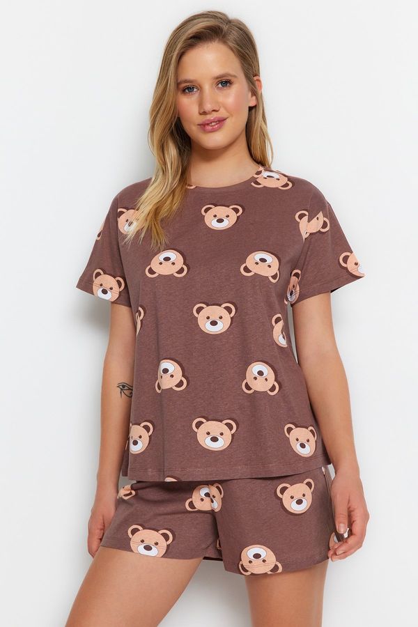 Trendyol Trendyol Brown 100% Cotton Teddy Bear Patterned T-shirt-Shorts Knitted Pajamas Set