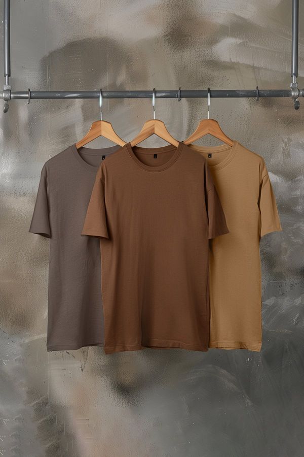 Trendyol Trendyol Brown-Beige-Grey Basic Slim/Narrow Fit 100% Cotton 3-Pack T-Shirt
