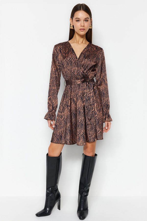 Trendyol Trendyol Brown Belted Animal Patterned Double Breasted Neck Woven Dress