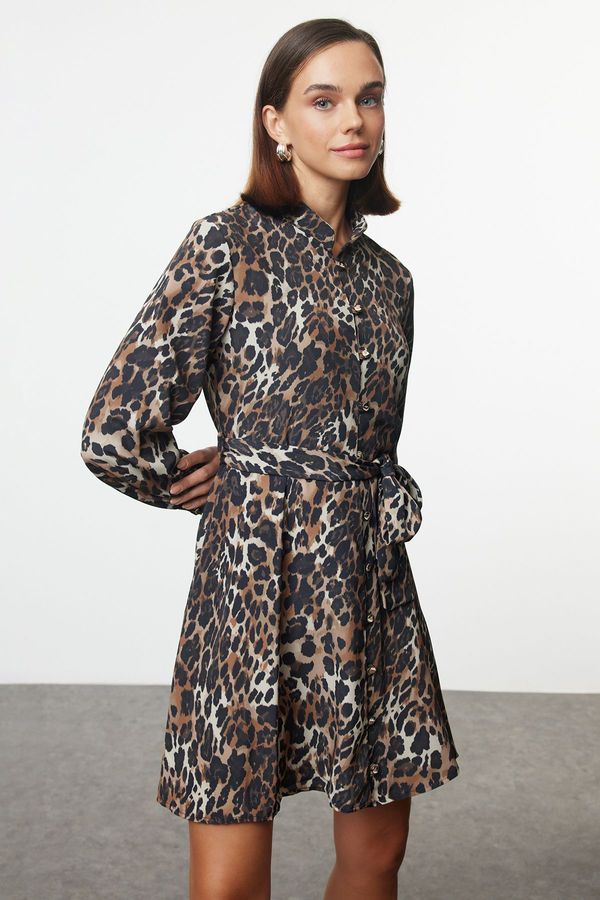 Trendyol Trendyol Brown Belted Leopard Pattern Lined Mini Woven Shirt Dress