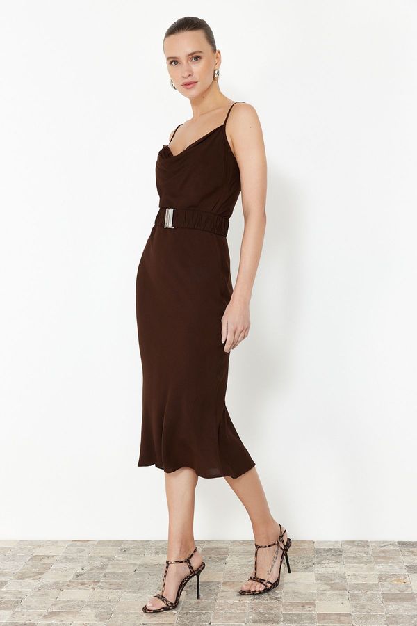 Trendyol Trendyol Brown Belted Shift/Straight Cut Lace Collar Midi Woven Dress