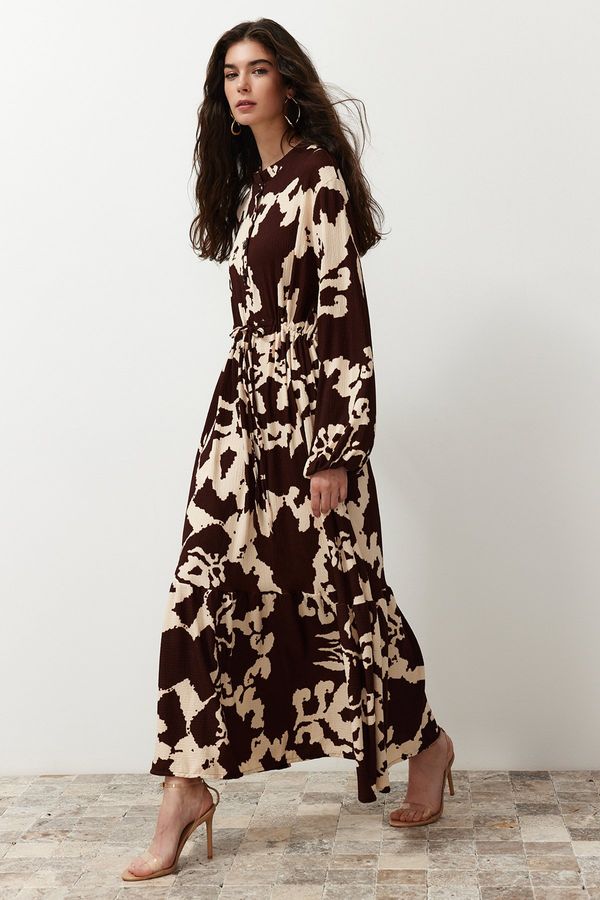 Trendyol Trendyol Brown Big Flower Patterned Crinkle Woven Dress