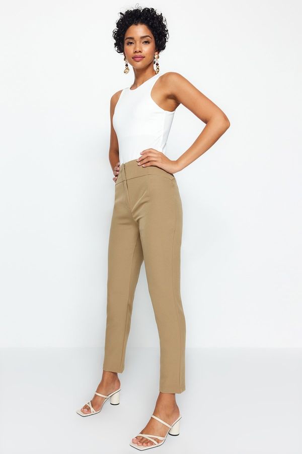 Trendyol Trendyol Brown Cigarette Skinny Leg Woven Trousers with Waist Stitching Detail