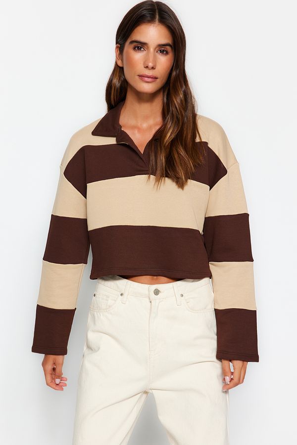 Trendyol Trendyol Brown Color Block Polo Neck Relaxed Cut Crop Thick Knitted Sweatshirt