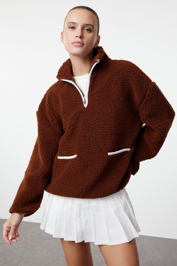 Trendyol Trendyol Brown Color Blocked Plush Oversize/Wide Fit Zipper Collar Knitted Sweatshirt