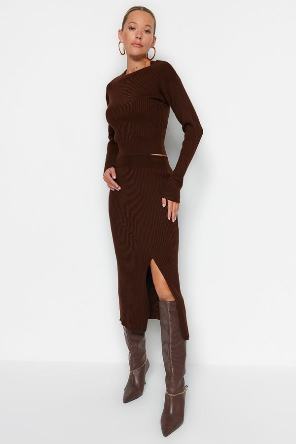 Trendyol Trendyol Brown Crop Skirt Knitwear Two Piece Set