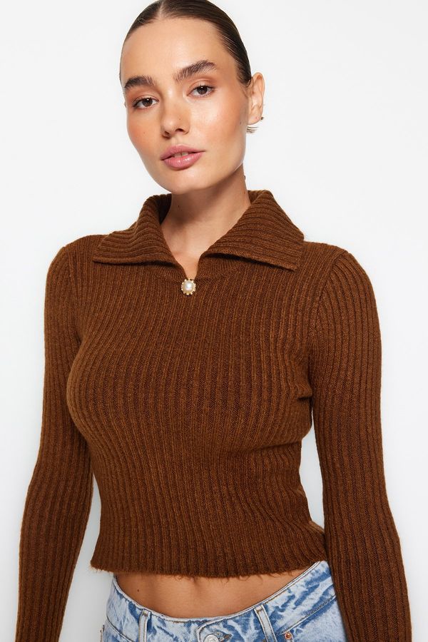 Trendyol Trendyol Brown Crop Soft Textured Polo Neck Knitwear Sweater