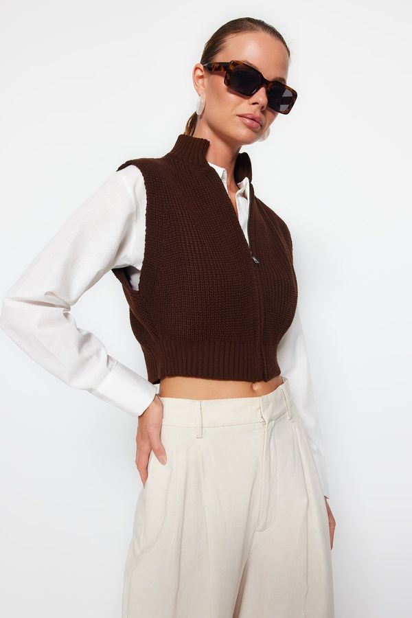 Trendyol Trendyol Brown Crop Zippered Basic Knitwear Cardigan