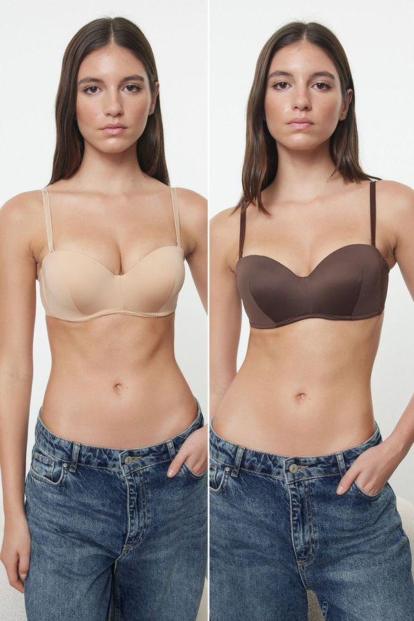 Trendyol Trendyol Brown-Dark Skin 2-Pack Rope Strapless Padded Full Cup Balconet Knitted Bra