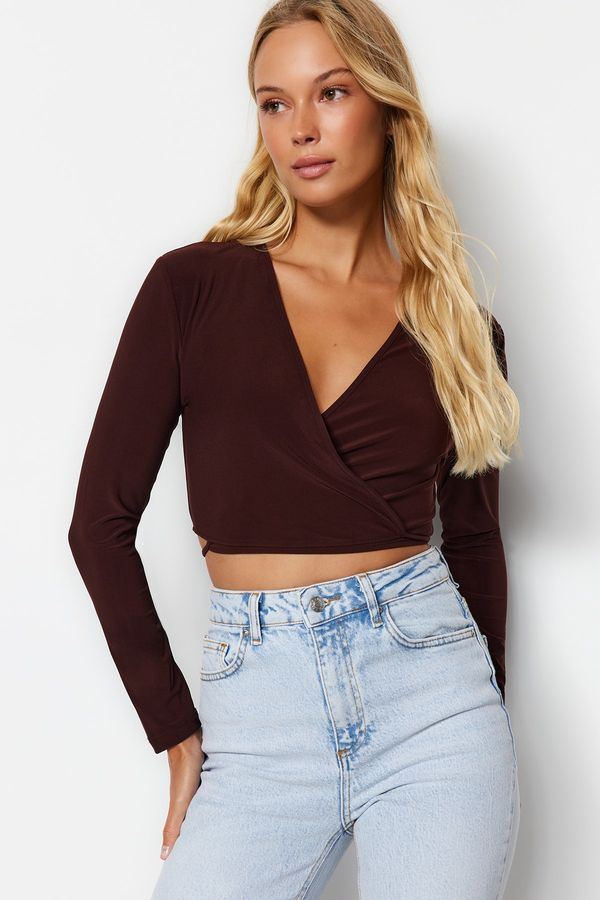 Trendyol Trendyol Brown Double Breasted Collar Fitted/Situated Crop Flexible Blouse