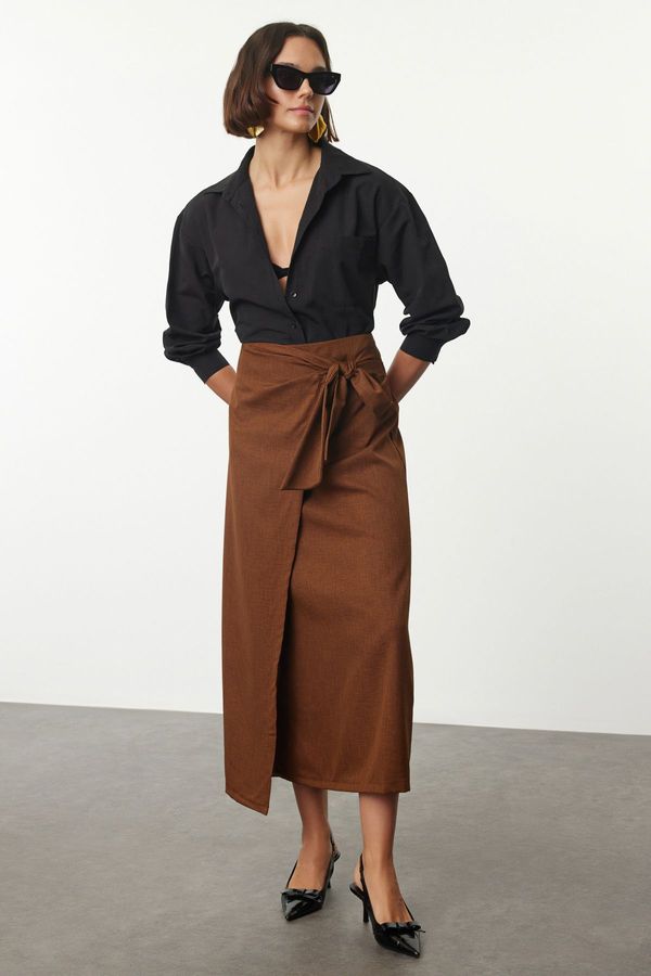 Trendyol Trendyol Brown Double Breasted Tie Detailed Linen Look Woven Skirt