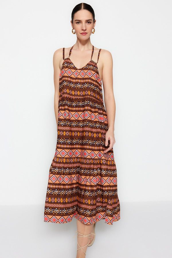 Trendyol Trendyol Brown Ethnic Patterned Midi Woven Dress with Straight Cut Back Detail