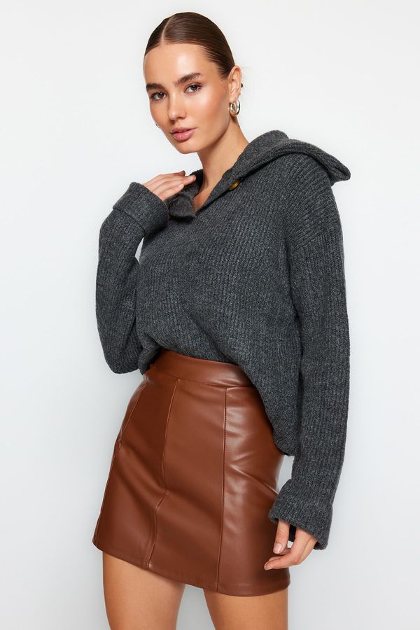 Trendyol Trendyol Brown Faux Leather High Waist Mini Knitted Skirt