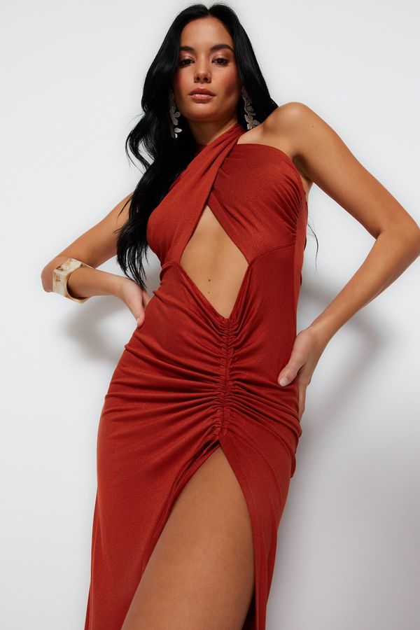 Trendyol Trendyol Brown Fitted Maxi Knitted Cut Out/Window Beach Dress