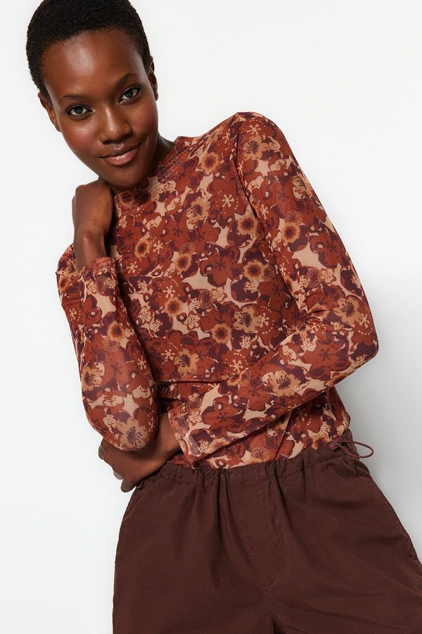 Trendyol Trendyol Brown High Neck Printed Fitted/Situated Tulle Knitted Blouse