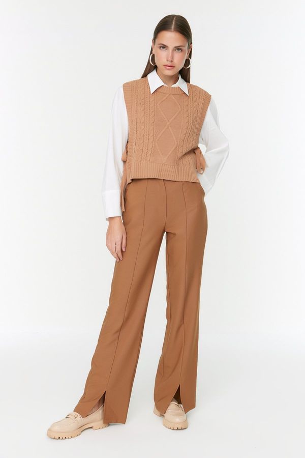 Trendyol Trendyol Brown High Waist Slit Detailed Pocket Woven Trousers