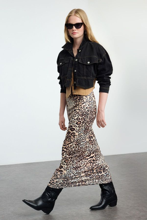 Trendyol Trendyol Brown Leopard Animal Printed Elastic Waist Maxi Pencil Skirt